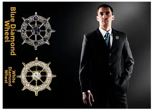 Detailed close-up and model styling of vintage ship helm brooches with sparkling crystals