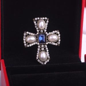 Vintage Baroque Alloy Cross Brooch With Blue Gemstone Faux Artificial Pearl Rhinestone For Women Elegant Party Banquet Jewelry Gift