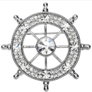 Vintage silver alloy ship wheel brooch pin with sparkling crystal rhinestones decoration