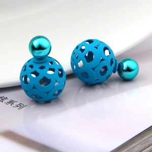 Detail of blue double bead earrings featuring a matte hollow sphere and polished stud