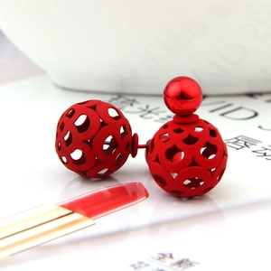 Elegant red double-sided hollow ball stud earrings featuring a matte textured tassel design