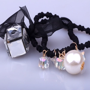 Elegant Korean Style Black Mesh Bow Hair Tie For Women Rhinestone Faux Artificial Pearl Elastic Hair Band Scrunchie Headwear Accessory