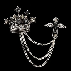 Vintage silver crown and winged cross brooch with black rhinestones and triple chains