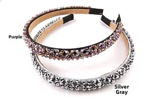 Detail of four-row crystal headband with purple and silver grey rhinestone accents