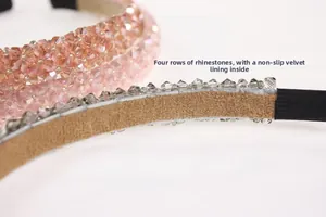 Detail of four rows of crystal beads on headband with non-slip velvet lining