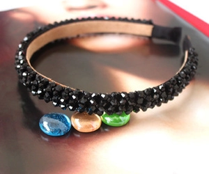 Detail of handcrafted black crystal beaded headband with non-slip interior lining