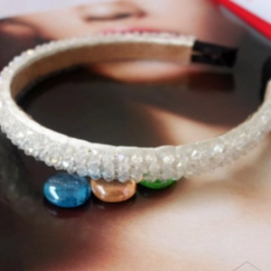 Handmade white beaded headband for women with crystal rows and fabric covered base