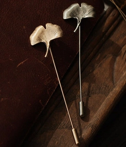 Elegant gold and silver ginkgo leaf long pin brooches for sweaters and scarves set