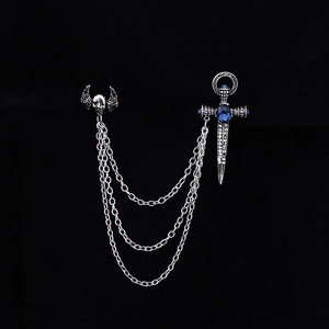 Gothic skull and sword chain brooch with blue stone and silver tassel for Halloween