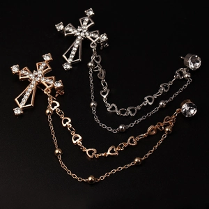 Broches chaîne croix pour homme en or et argent avec des strass étincelants