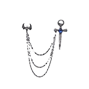 Gothic skull wings and blue gem sword brooch with layered silver metal chains