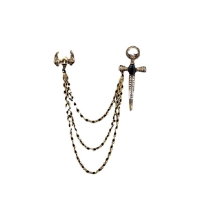 Gothic skull wings and jeweled sword lapel pin with three-layer chain in vintage gold