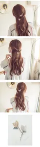 Détail d'une pince à cheveux feuille élégante et chaîne papillon en or rose et argent