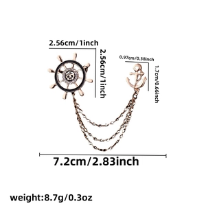 Detail showing dimensions of rose gold rudder and anchor brooch with chain link