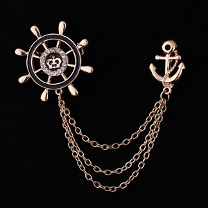 Vintage Nautical Ship Wheel Anchor Chain Brooch Gold Alloy Black Enamel Rhinestone Crown Collar Pin Men Jewelry Accessory