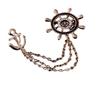 Golden nautical brooch with ship wheel, anchor, and triple chains for suits