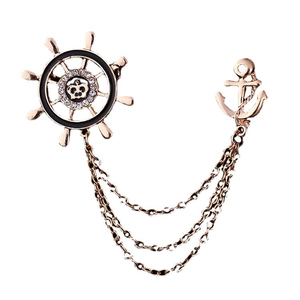 Golden nautical brooch with ship wheel, anchor, crown and three-layer link chains