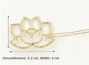 Detailed close-up of golden metal lotus hair pin with hollow petals and size dimensions