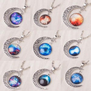 Vintage Moon Starry Sky Galaxy Pendant Necklace For Women Retro Hollow Out Crescent Moon Glass Cabochon Necklace Jewelry Gift