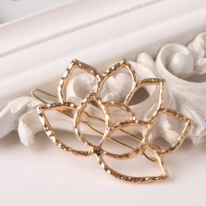Detailed macro shot of golden lotus flower hair clip on a vintage white frame background