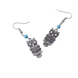 Boucles d'oreilles hibou en argent vintage avec perles turquoise et style ethnique