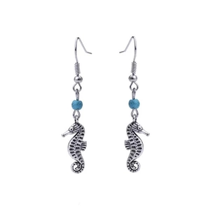 Boucles d'oreilles hippocampe rétro avec perles turquoise et crochets argentés