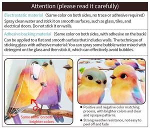 Close-up of double-sided bird window decals showing electrostatic and adhesive backing textures