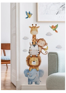 Detailed wall sticker featuring stacked cartoon elephant, lion and giraffe for kids' rooms