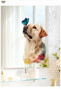 Realistic golden labrador puppy wall sticker with blue butterfly for mirror decoration