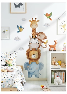 Nursery wall sticker with stacked cartoon animals including lion, elephant, and giraffe