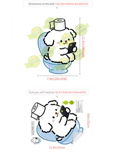 Detailed sheet size and wall dimensions for the cute puppy bathroom toilet sticker