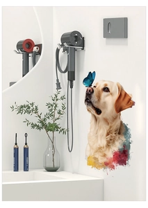 Detail of golden retriever and blue butterfly watercolor wall sticker in bathroom setting