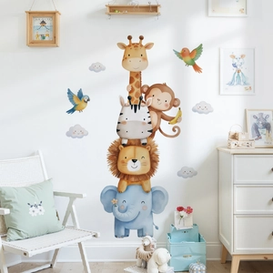 Cartoon Animals Stacking Wall Stickers Watercolor Elephant Lion Zebra Giraffe PVC Waterproof Wall Decals For Kids Nursery
