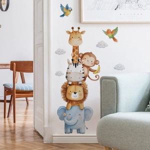 Watercolor cartoon animals wall stickers for kids room featuring lion and giraffe