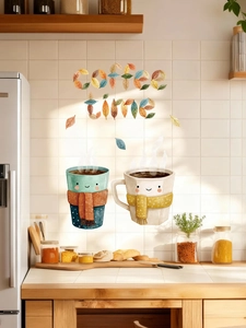 Detail view of Coffee Time autumn wall sticker with cute cartoon cups on kitchen tiles