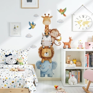 Cute safari animals like lion and giraffe cartoon wall stickers for nursery room decor