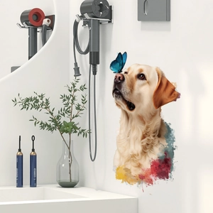 Cartoon golden retriever head wall sticker with blue butterfly and watercolor accent