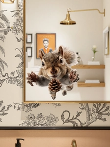 3D realistic squirrel with pinecone wall decal applied on a bathroom mirror glass surface