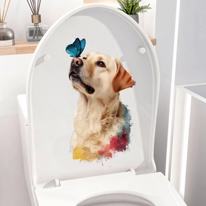 Cartoon golden retriever dog with butterfly bathroom wall sticker for toilet seat decor