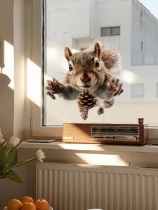 Detail of vintage wooden radio sticker with squirrel and pinecone motifs on glass surface