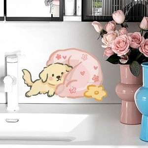 Cute puppy cartoon wall sticker showing a sleeping dog on floral bedding in bathroom decor