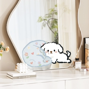 Cute cartoon puppy wall sticker on wave mirror with floral heart blue cloud patterns