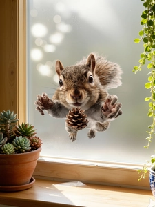 Detailed close-up of a squirrel glass sticker with a pine cone on a home window frame