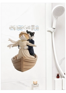 Detail of Titanic-themed cat wall sticker with My Heart Will Go On text for bathroom tiles