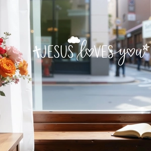 Adesivo bianco Jesus Loves You per vetrine e finestre con cuori e croce per decorazione