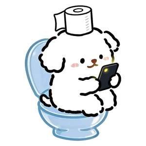 Cartoon white dog sitting on a blue toilet sticker for bathroom wall and mirror deco
