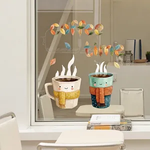 Cartoon coffee cups and autumn leaf COFFEE TIME removable glass window decals
