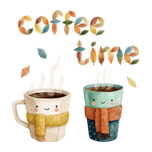 Cute watercolor coffee cups wall sticker with hand-drawn autumn leaves and scarves