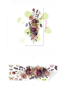 Dettaglio di adesivi murali con rose viola e farfalle vintage con dimensioni del layout preciso