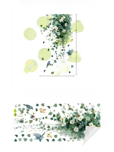 Detailed PVC wall sticker layout with white daisies, green vines, and blue butterflies